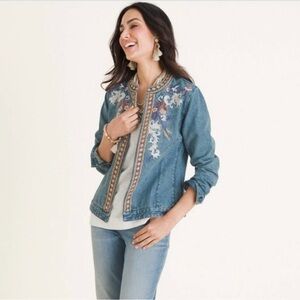 Chico’s Embroidered Denim Jacket Boho Folk Open Front Size 4/6